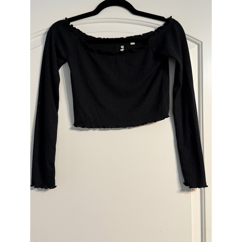 Me To We Off The Shoulder Crop Top S Black Ribbed Lettuce Trim Y2K Soft Girl